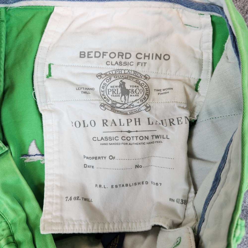 Polo Ralph Lauren Bedford Chino Shorts Men 35 Green Shark Sailboat Embroidered‎ - Picture 6 of 14